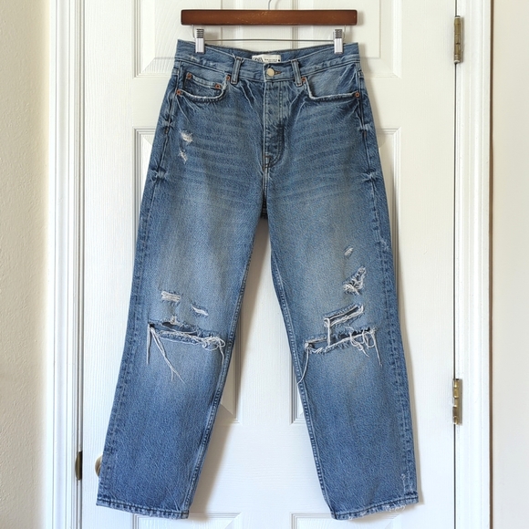 Zara Denim - Zara Bliss Medium Wash High Waisted Distressed Straight Leg Button Fly Jeans 6